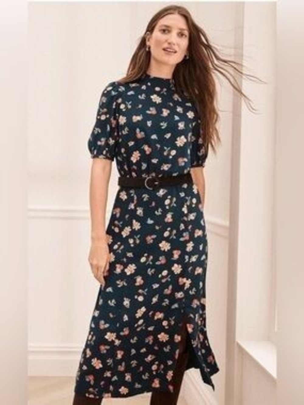 Ann Taylor Navy Floral Midi Dress with Puff Sleeves